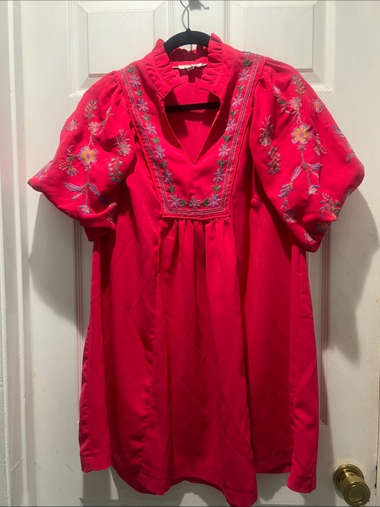 Umgee Dresses & Skirts - Umgee Hot Pink Embroidered Puff-Sleeve Dress